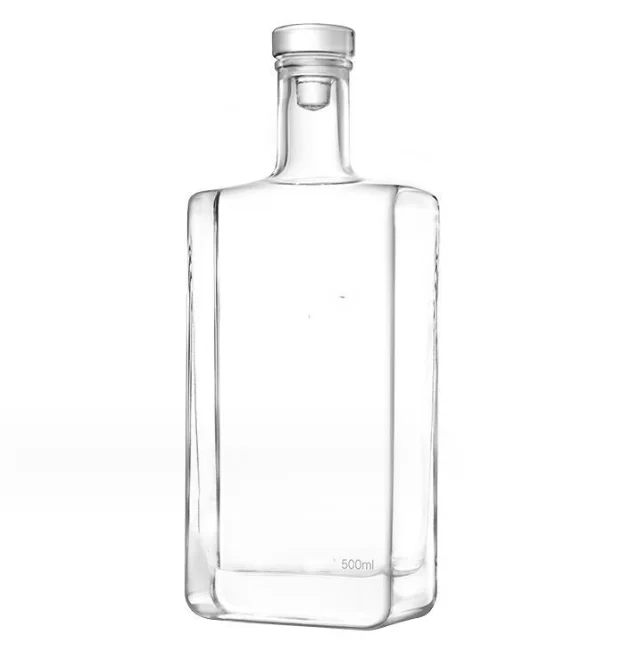 Hot sale empty rectangle 500ml gin spirit glass bottle custom decal 700ml 750ml whiskey liquor glass bottle with cork stopper