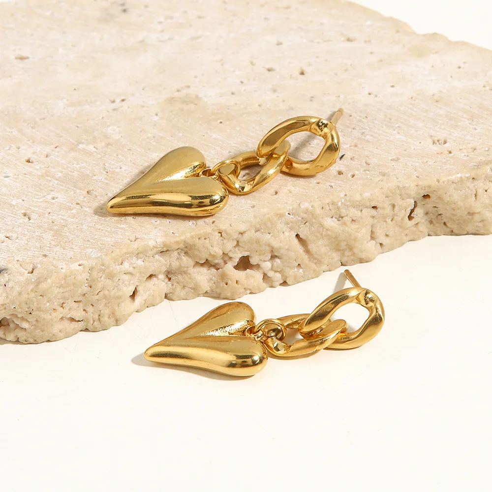 Charm 18K Gold Plated Cuban Chain Heart Pendant Stainless Steel Earrings Jewelry