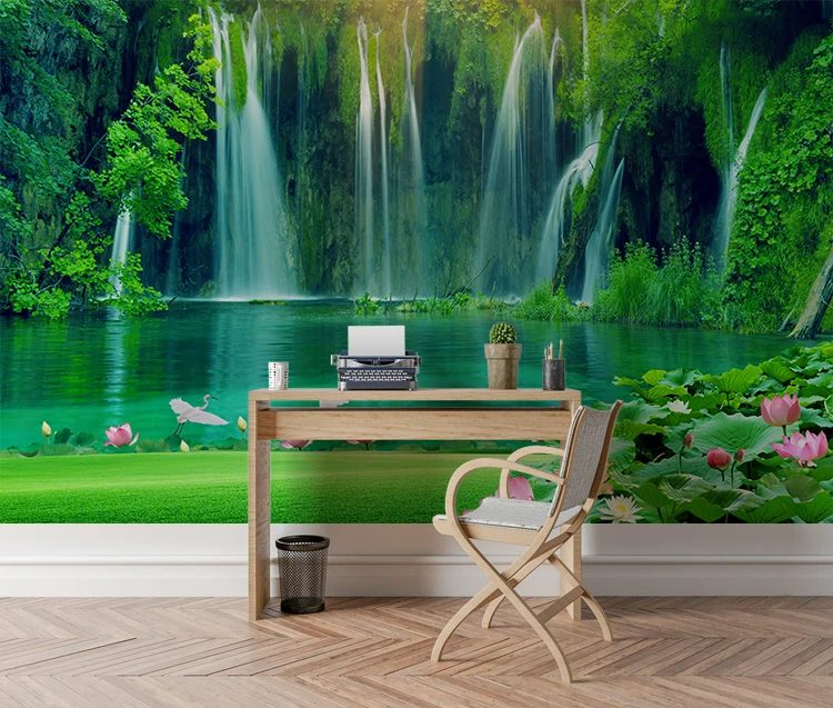 Green Big Tree Wall Mural Waterfall Nature Landscape Wall Painting Custom 3d Photo Wallpaper