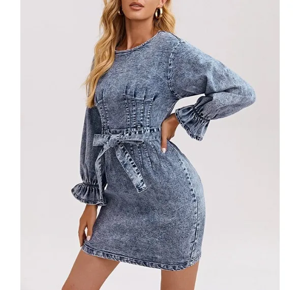 OEM Custom European American Fashionable Slim Fit Denim Dress Washed Ruffles Dresses for Women