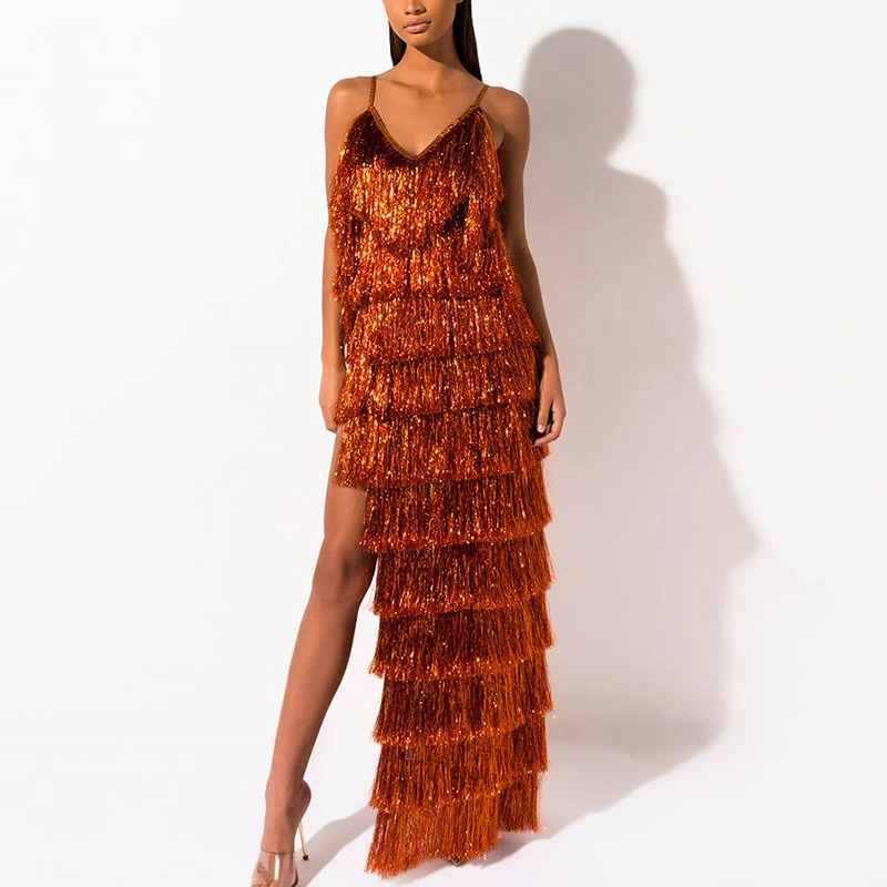 Womens V neck sleeveless metallic tinsel fringe layer maxi dress