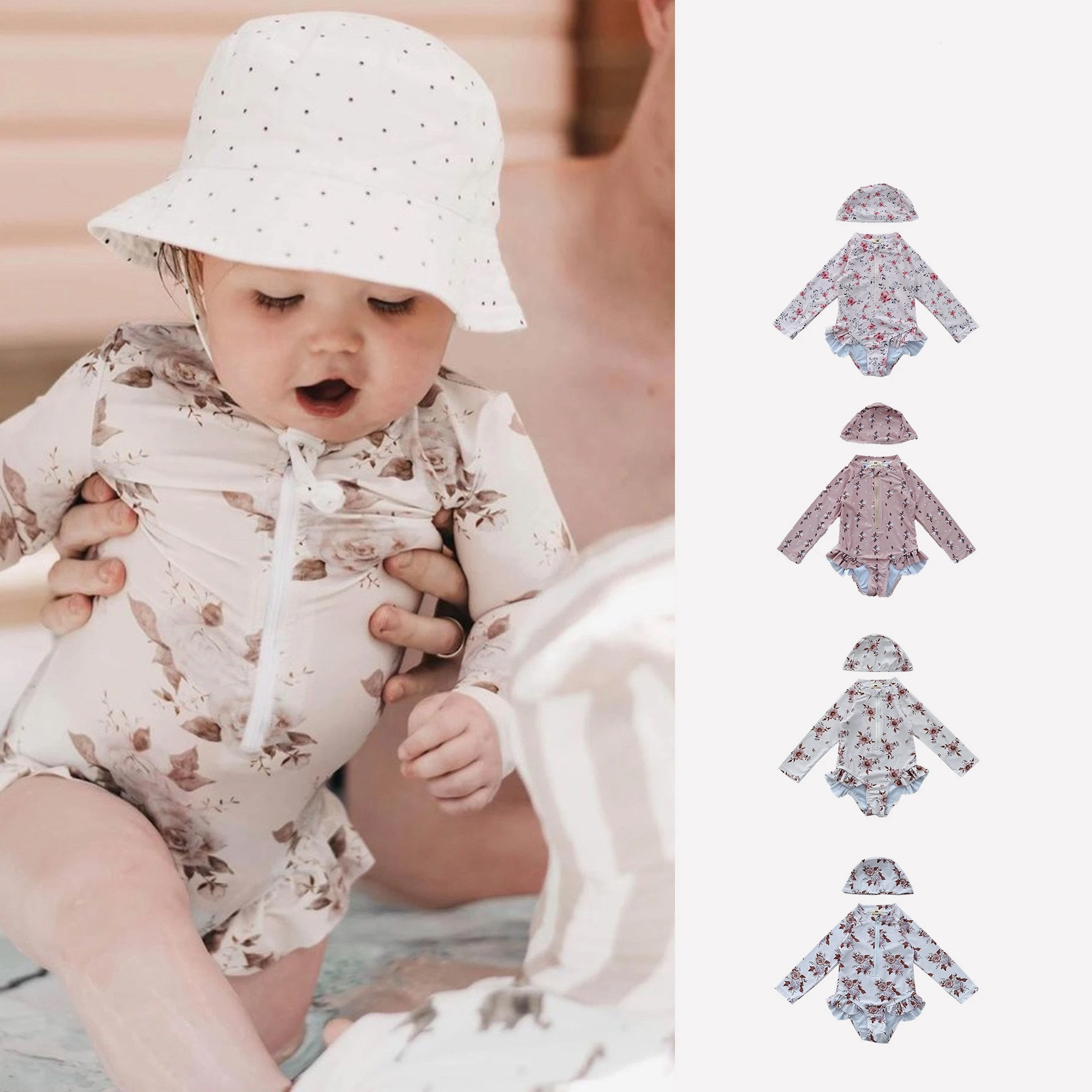 Onesie Summer Printed Floral Girls Swimsuits Zipper  Ruffle Romper Full Sleeves Girls Swimsuit With Cap