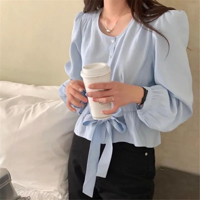 Spring and Autumn New Korean Sweet Dollar Neck Tied Waist girl Shirt