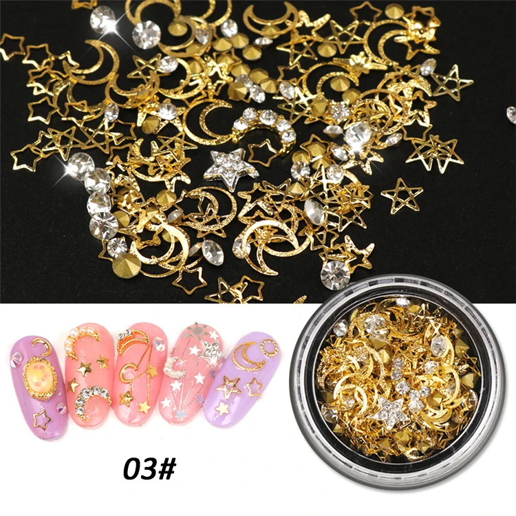 9 Designs 3D Mix-shape Glass Rhinestone Pearl Metal Alloy Star Moon Nail Jewelry Decoration Rivet