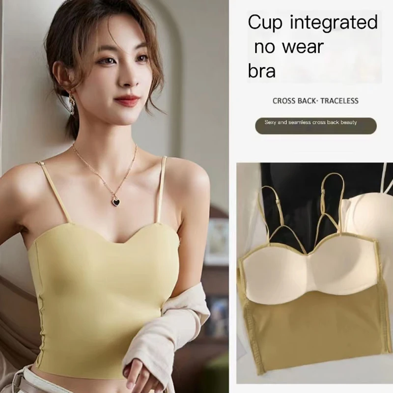 New Ice Silk Scarless Nude Feel Adjustable Sling Strap Cross Beauty Back Fixed One piece Cup Wrapping Chest