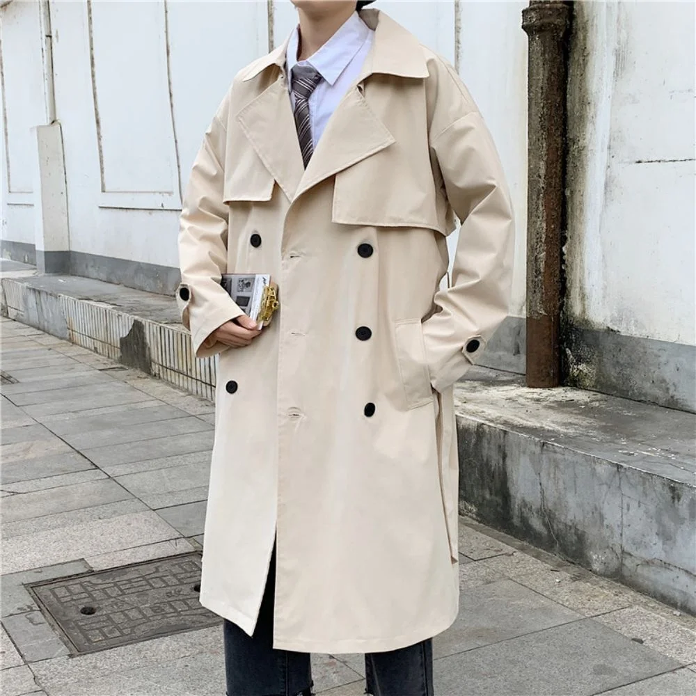 Korean style Spring Trench Coat Male Streetwear Windbreaker Trenchcoat Men Solid Business Casual Loose Long Overcoat
