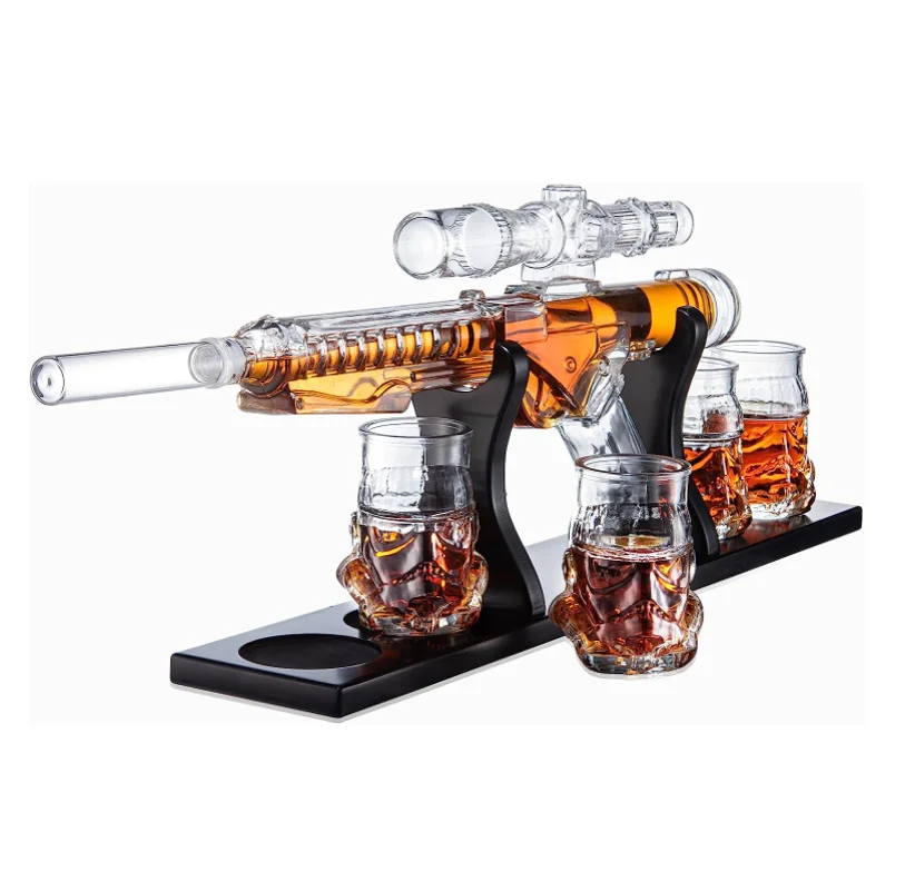 Crystal Glass Gun Whiskey Wine Glass Decanter With 4 Whiskey Glasses Set For Liquor,Whiskey, Vodka,Brandy
