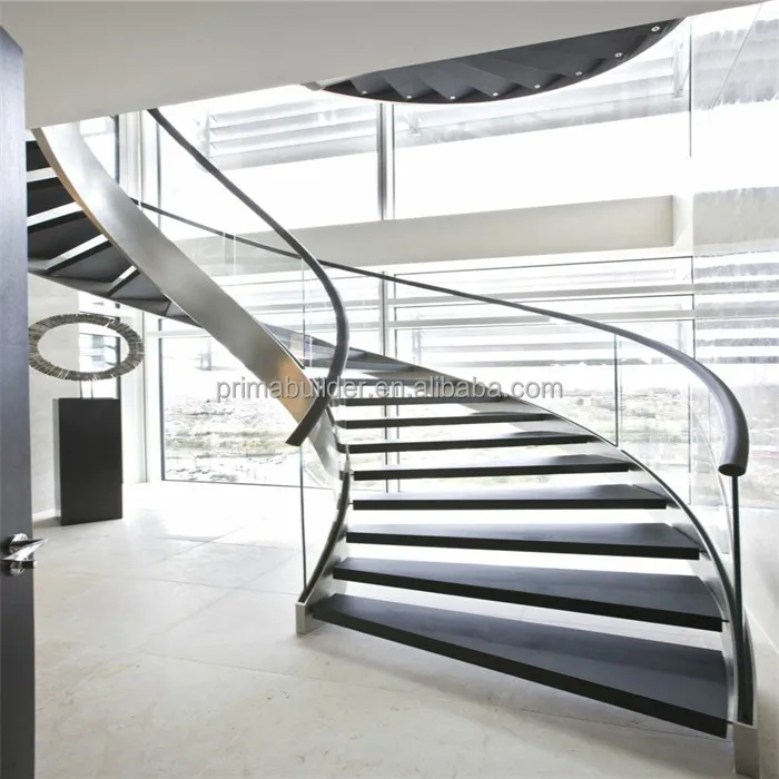 Prima High-End Interior House Floating Stairs Wooden Treads Glass Railing Staircase