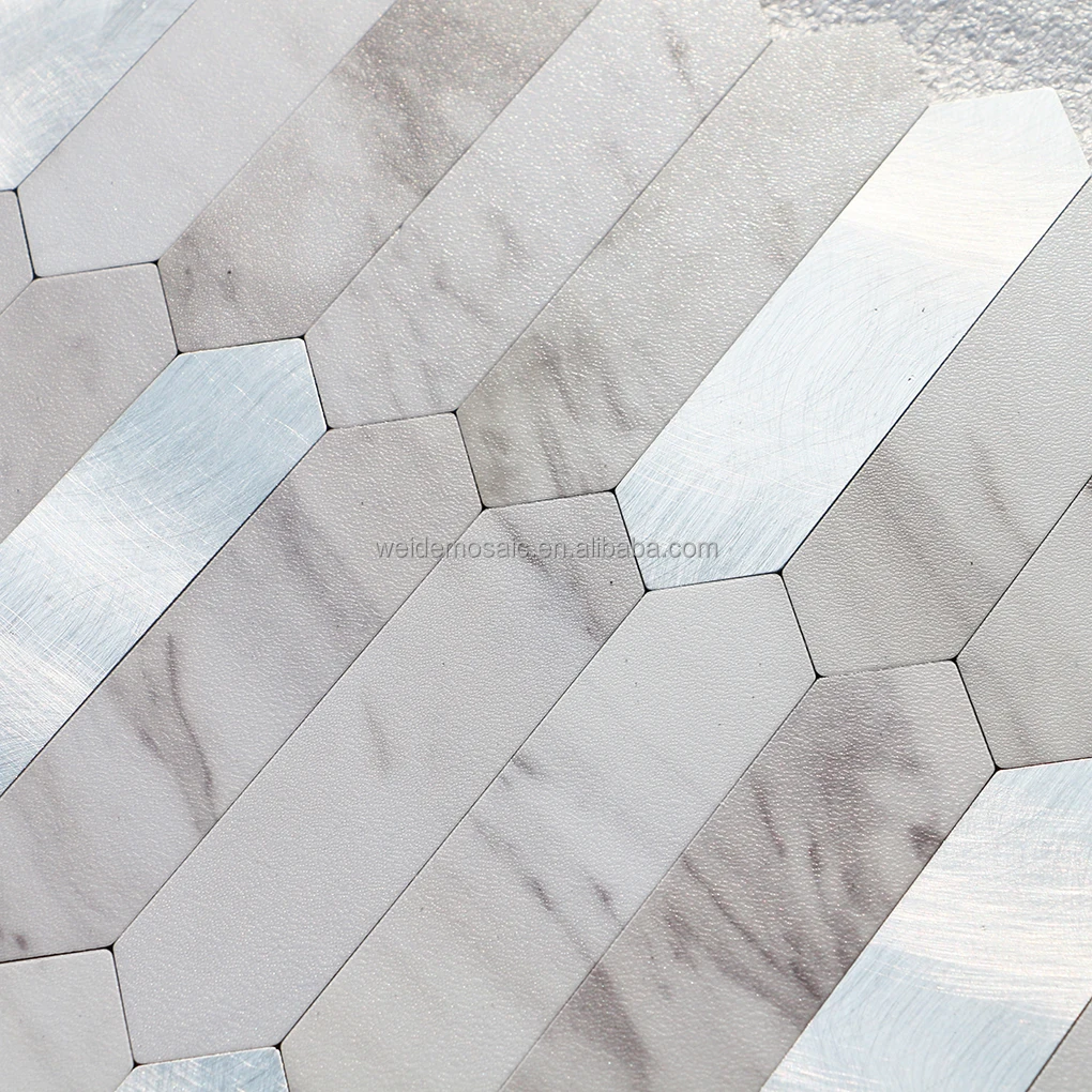 Long Hexagon PVC Peel and Stick Backsplash Silver Metal Mosaic Self Adhesive Aluminous Wall Mosaic Tiles