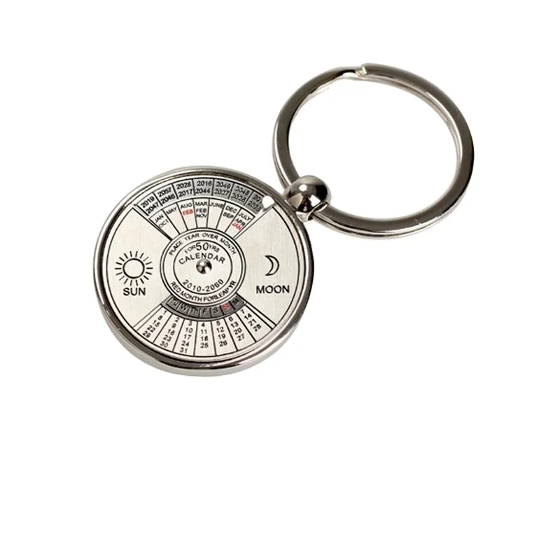 calendar metal circular key chain business gift promotion printed logo silver antique design calendar keychain pendant