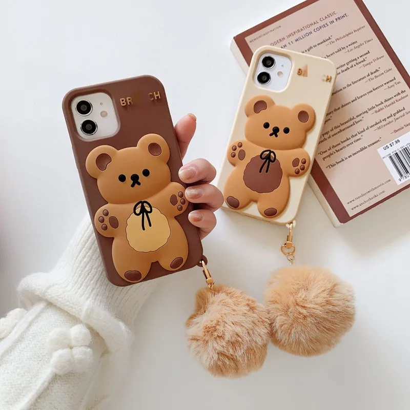 3D Cute Chocolate Bow Tie Bear Phone Case for iPhone 13 14 Pro Max 11 12 XR XS Max With Bear Doll Pendant Soft Silicone Cover