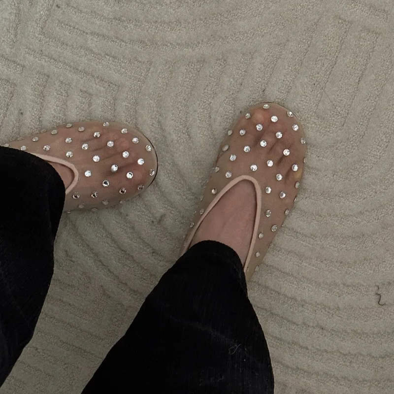 Dropshipping Custom Logo Mesh Flats Women Crystal Round Toe Rhinestone Genuine leather Loafers for Ladies