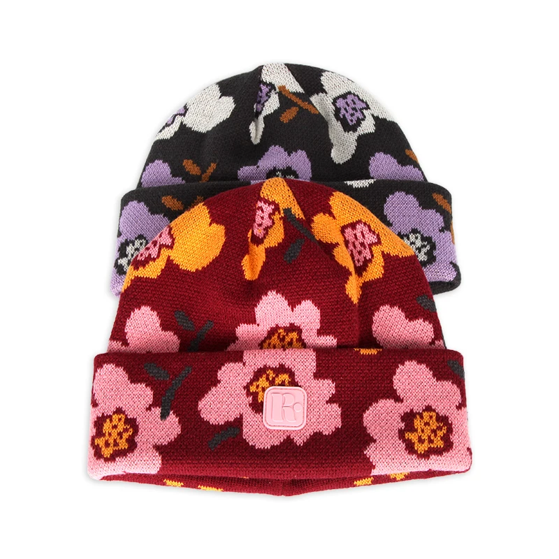 Sewingman 23SM4027 Custom Flower Jacquard Winter Knit Beanie hats with Cuff