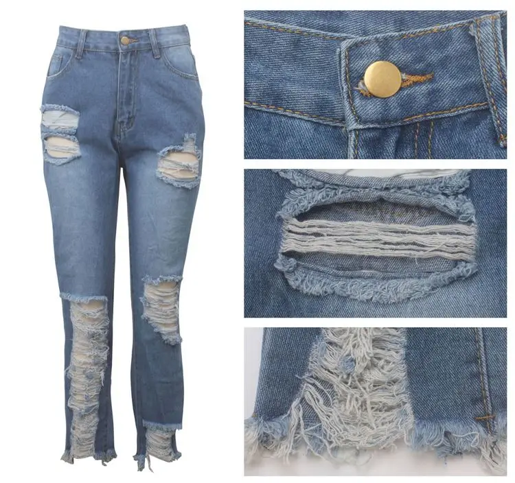 
1019M440 new all-match distressed ripped straight High Waist Pants Jeans Women 