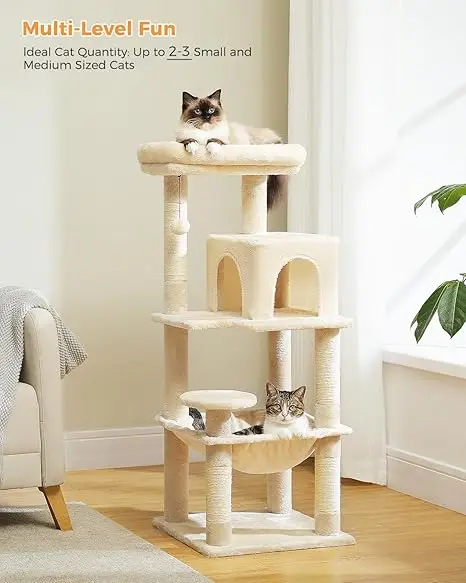 Factory Cat Tree with Metal Plush Hammock Cat Tower with 2 Door Condo House 6 Tier Cat Shelves with Scratching Posts