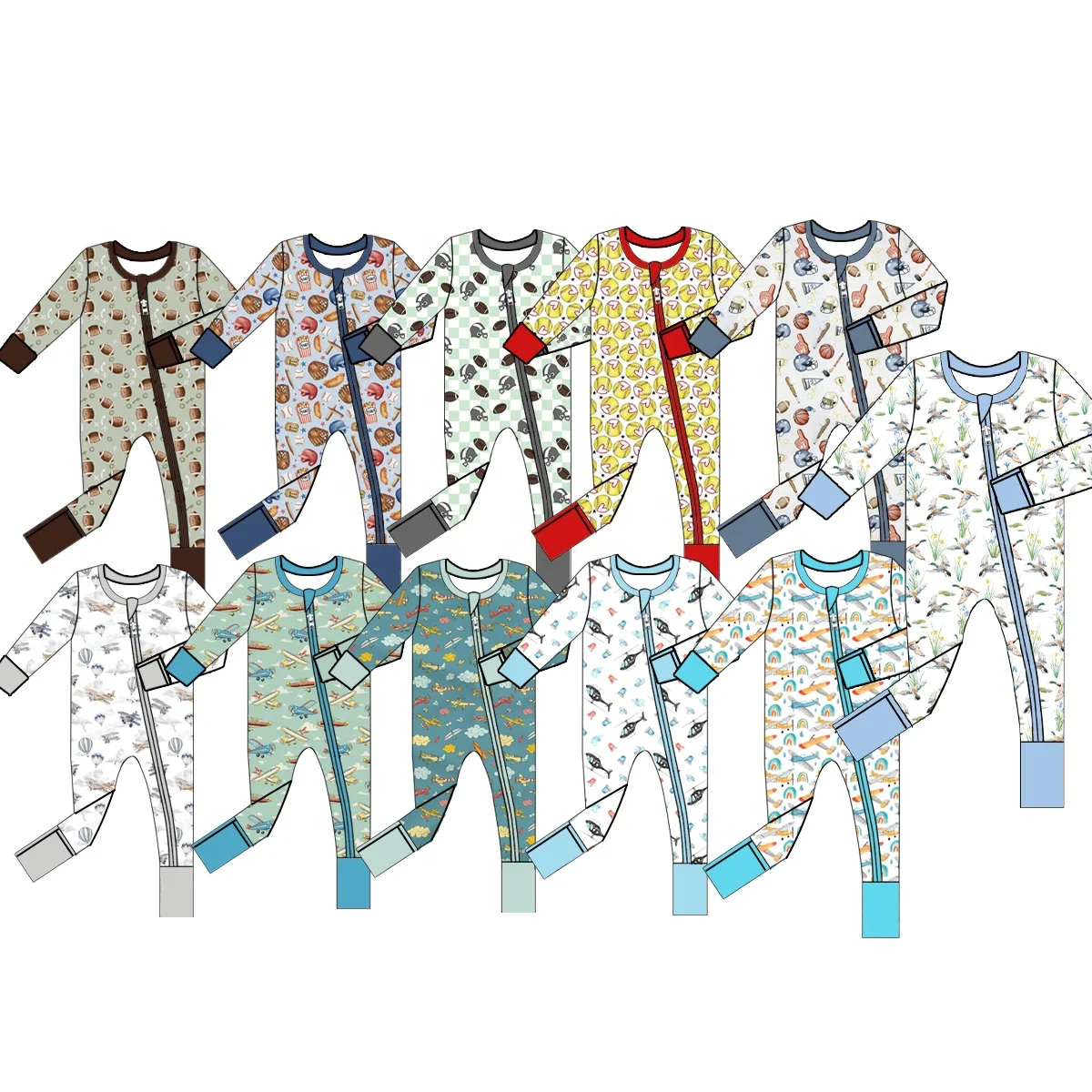 Wholesale baby boy clothing newborn long sleeves footie romper custom print two way zipper boys one pc bamboo pajamas