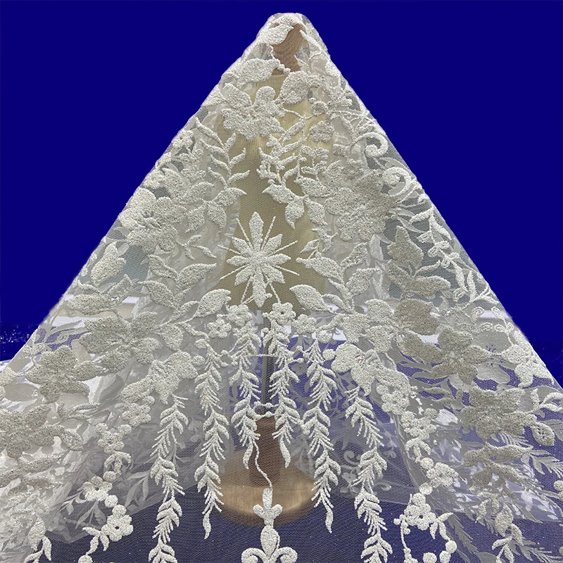 Honglong luxury Swiss lace white wedding gauze mesh glittering crystal sequins beaded ball evening dress fabric
