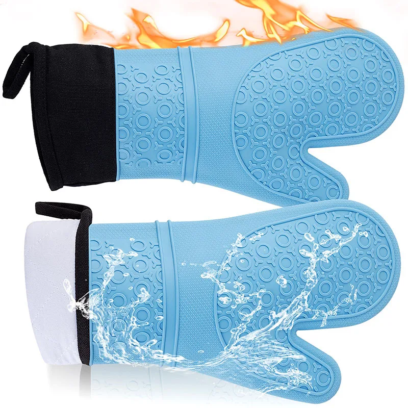 Heat Resistant Silicone Oven Mitts Waterproof Grilling Gloves Extra Long BBQ Gloves Non-Slip Pot Holder for Baking BBQ