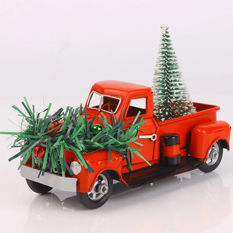 Christmas Toys Vehicle Vintage Red Truck Decor Handcrafted Red Metal Truck Car Model for Christmas Thanksgiving Decoration