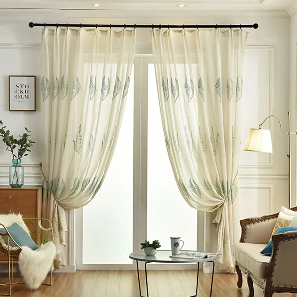 High Quality Green Embroidered Window Screens Soft Living Room Curtains Flax Linen Curtains