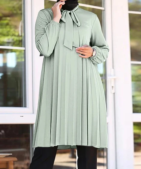 Wholesale Lady Summer Long Sleeve Chiffon Pleated Solid Shirt Dubai Turkey Abaya Blusas Casual Long Tops Women Muslim Blouse