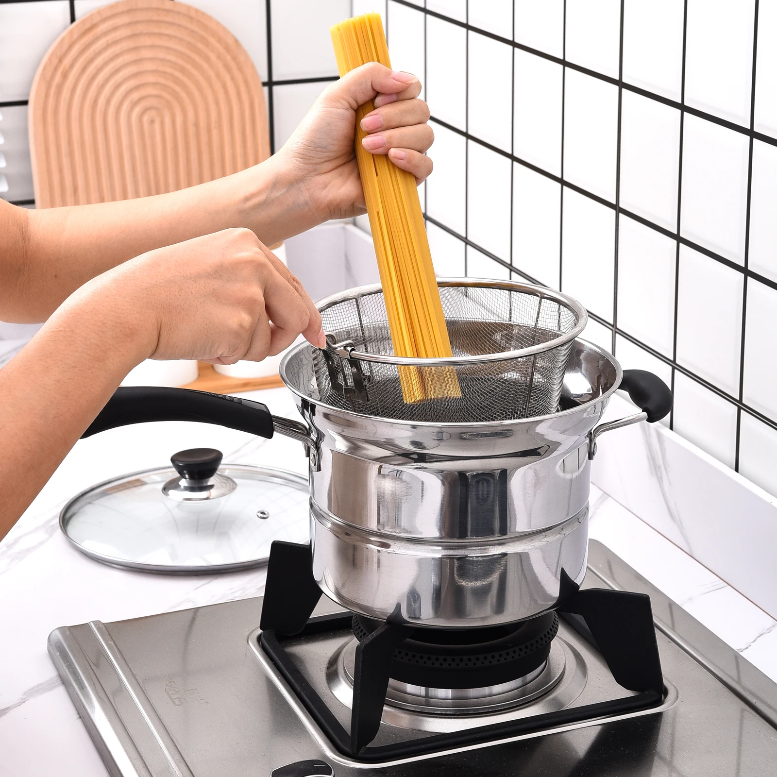5 Pieces Stainless Steel Stock Pot Cooking Stock Pot with Strainer Rack Set Home Kitchen Cooking Tools