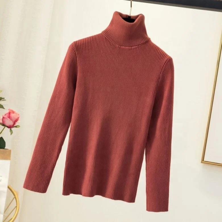 2025 Warm Knitted Tops Ribbed Pullneck Pullover High Neck Turtleneck Sweater for Women Clothing