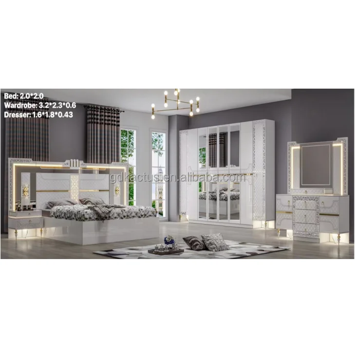 2023 new design 8 doors luxury high glossy cream color super king size bedroom furniture set
