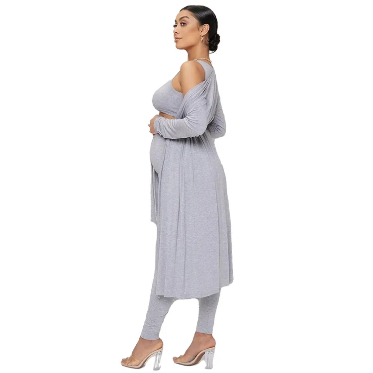 Maternity Clothes Pregnancy Rayon Solid Tank Top & Leggings Set With Belt Coat Nursing Pajamas