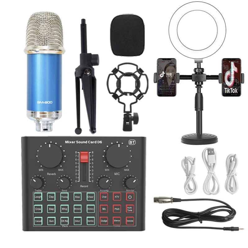 
D6 Mixer Sound Card Dm800 Condenser Microphone Live Phone Set Pc Computer Tripod Professional Game Usb Stream Stand Recording 