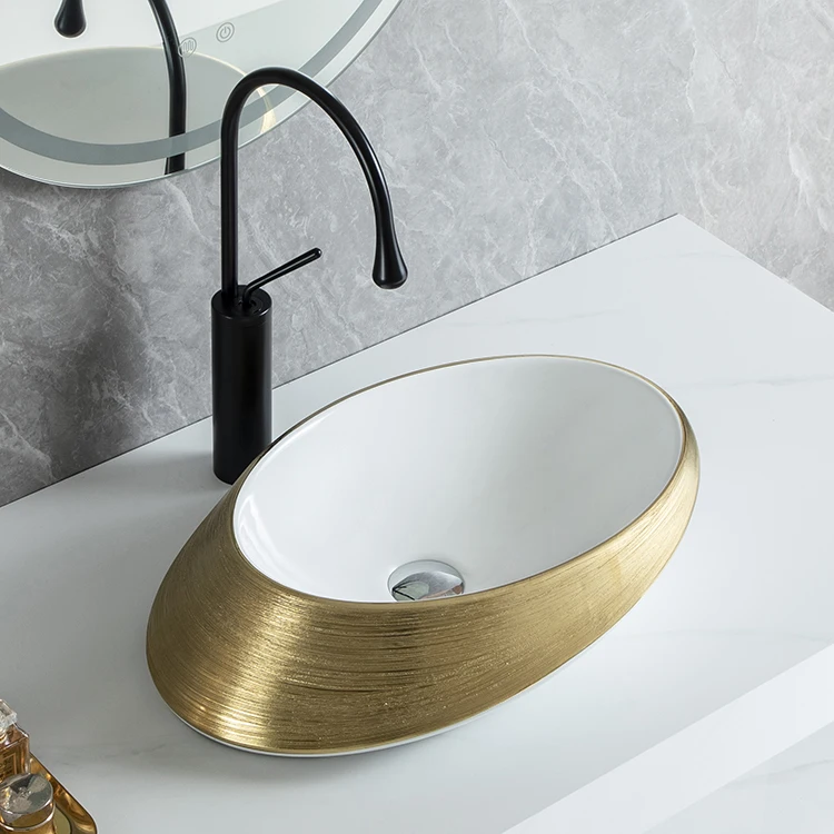 Especially Design Irregular Shape No Faucet Hole Ceramic Vessel Sink Counter Top Washroom Electroplated Gold Basin