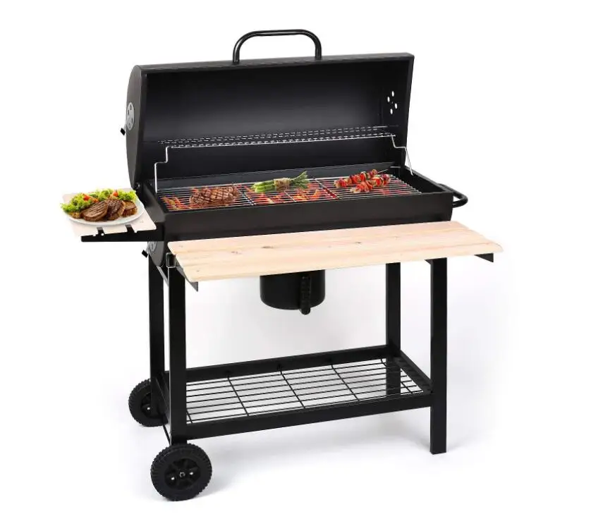 Outdoor Garden Trolley Barbecue Meat Barrel Drum Charcoal Bbq Smoker Grill With Side Table