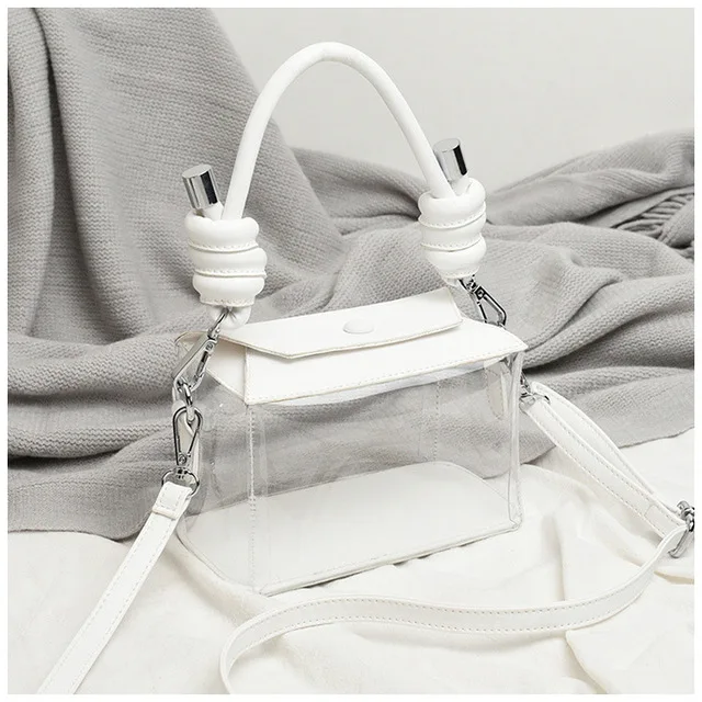 2021 New Designer Women Jely Clear Pvc Handle Square Trendy Shoulder Bag Lady Solid Transparent Messenger