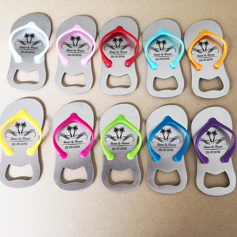 
Personalized Wedding Favors Flip Flop Beer Bottle Opener Slipper Beer Opener Print Names + White Organza Bag 