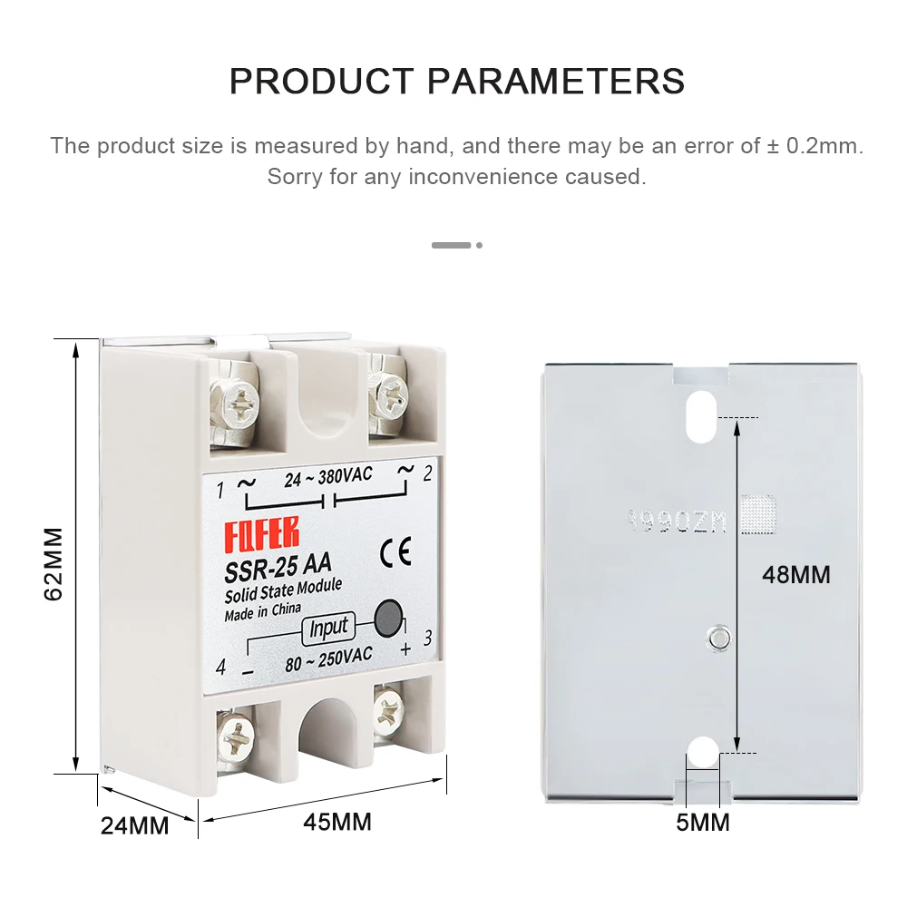 Hot Products SSR-25AA 24~380VAC input 80~250VAC output Single Phase Solid State Relay SSR