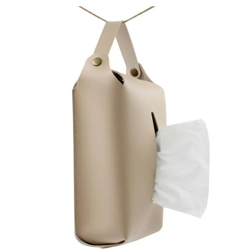 Factory Made Wholesale PU Leather Tissue Box Cover With Detachable Handle Hanging Paper Tissue Mask Box Holder For Car