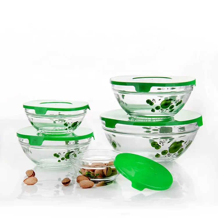  5pcs Hot Sale eco friendly Round Home Clear Heat Resistant With Lid Fruit Salad Food Glass Bowl