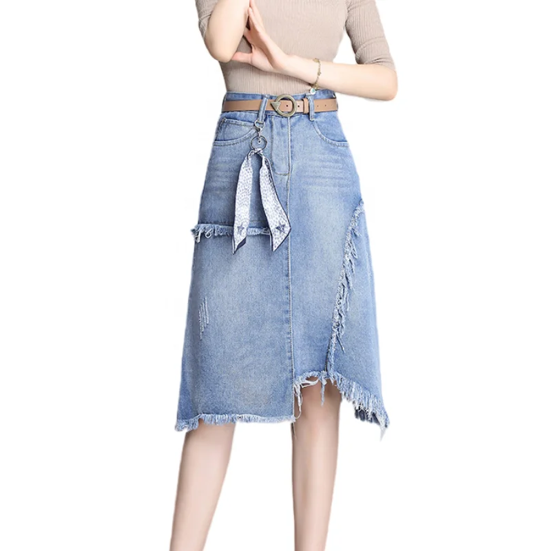 2023 Women Ripped Midi Denim Skirt in Cotton Class Washed Denim Mini Skirts Ladies midi skirt