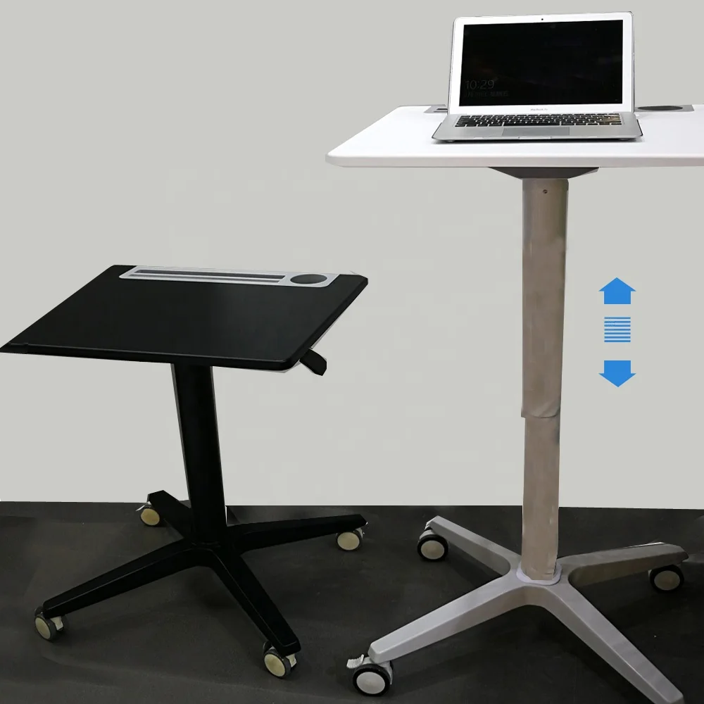 MDF table top mobile Student Pneumatic Adjustable Height Sit Stand Desk with holder and hook