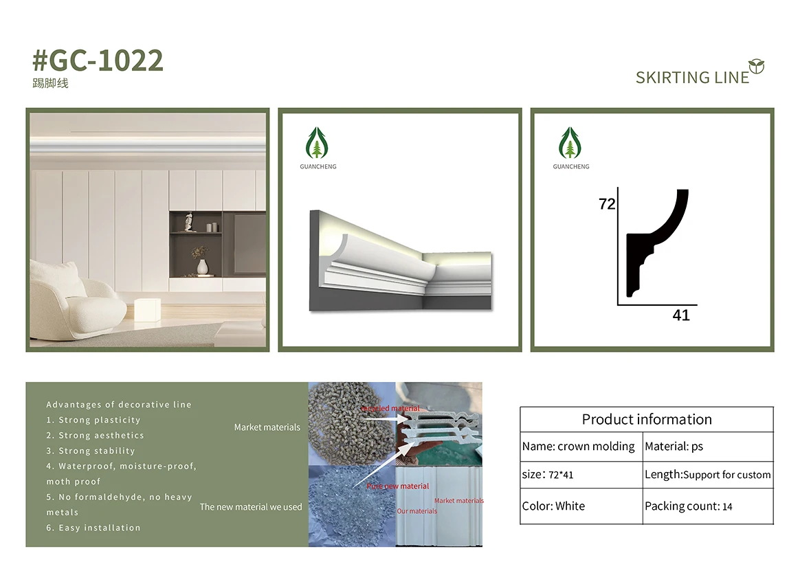 Guancheng 72*41mm European Style White Color Laminate Crown Moulding Waterproof Easy Installation Decorative