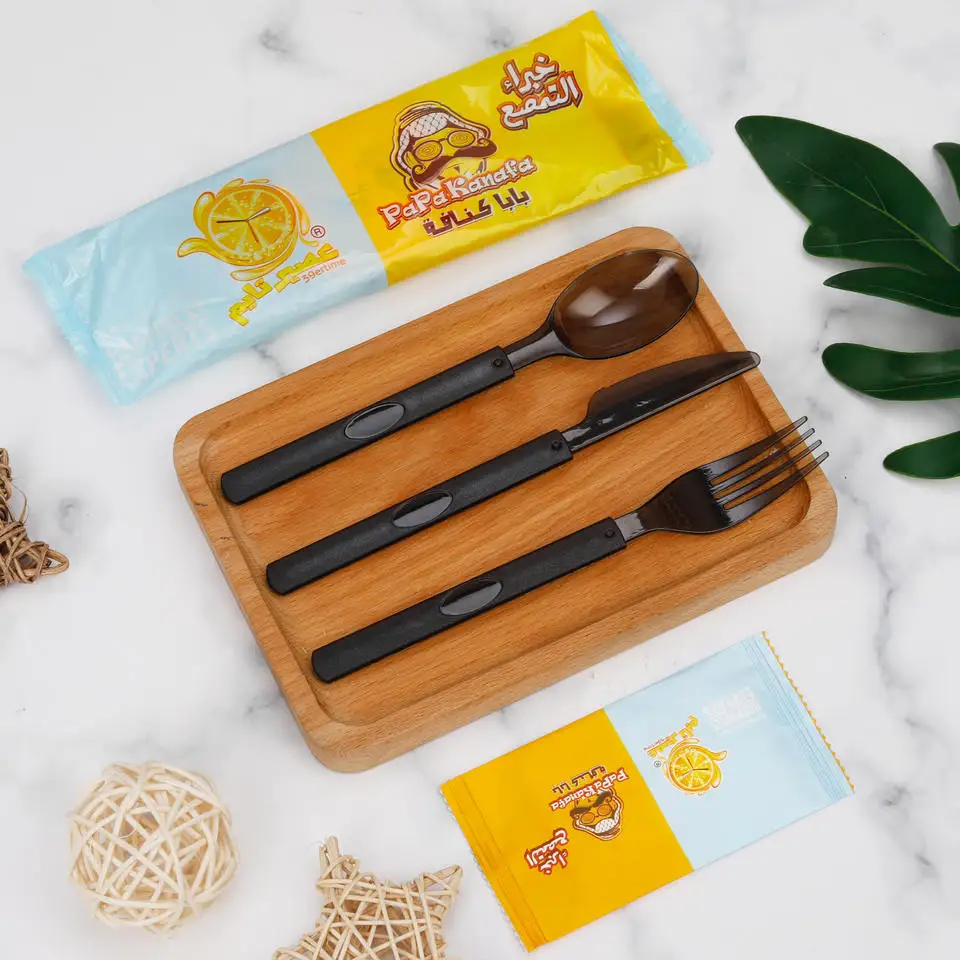 Best Selling Plastic PS Knife Spoon Fork and Napkin in One Individually Package Disposable Black Cutlery Set