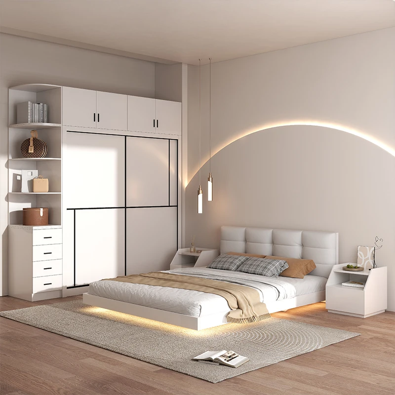 Modern blue queen size genuine leather bed frame with high headboard