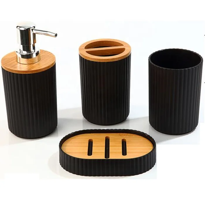 4Pcs Bathroom Accessory Set Bamboo Waterproof Gift Set Plastic Toothbrush Cup Lotion Dispenser Soap Box Tooth Mug Modern Style