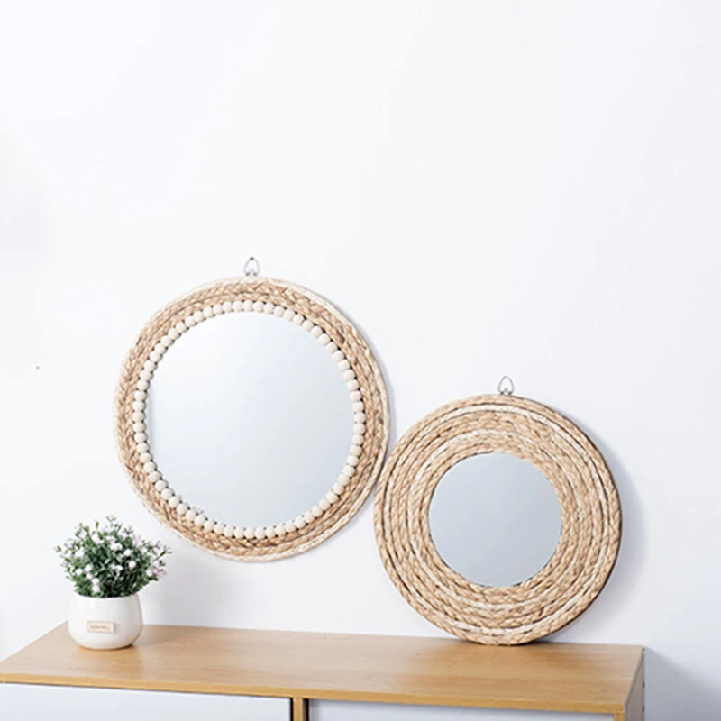Boho Round Hanging Wicker Straw Rattan Bead Round Mirror Framed Wall Makeup Mirror For Bedroom Bathroom