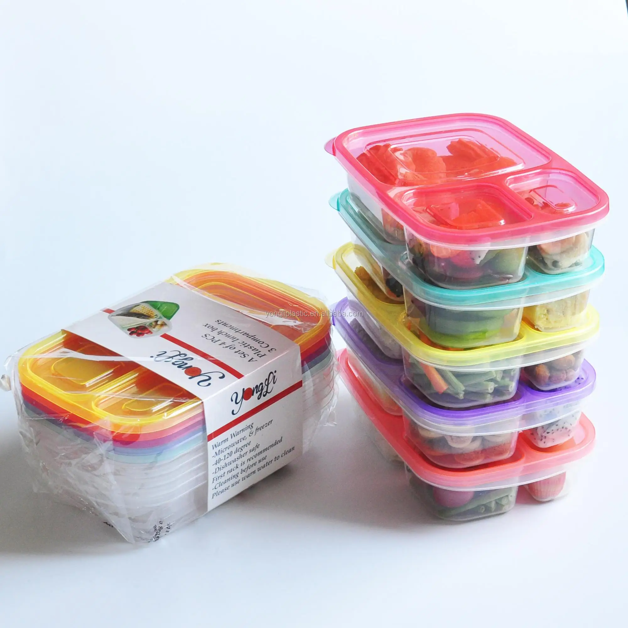 Yongli 4-Piece Microwave Dishwasher Safe Bento Lunch Box Set 3 Compartment Plastic Food Storage Containers School Kitchen Use