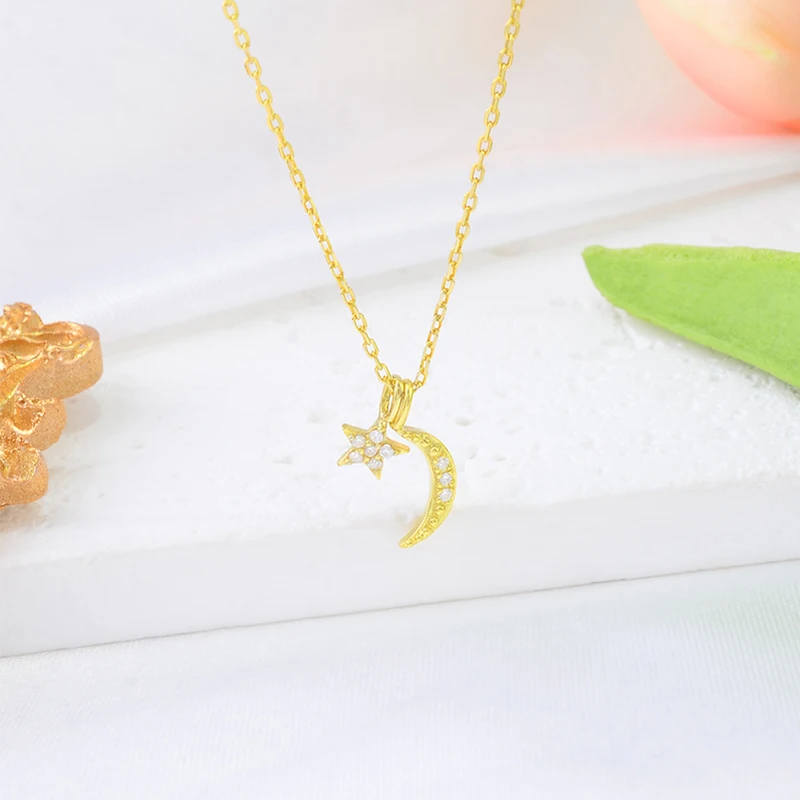 Wholesale Jewelry Making Accessory Crescent Moon And Star Shape Gold plated 925 Sterling Silver Cz Pendant Necklace