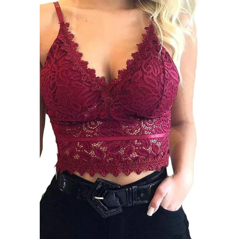 
Women Fashionable Wholesale Wave Edge Decoration Deep V Neck Lace Bralette Crop Top 