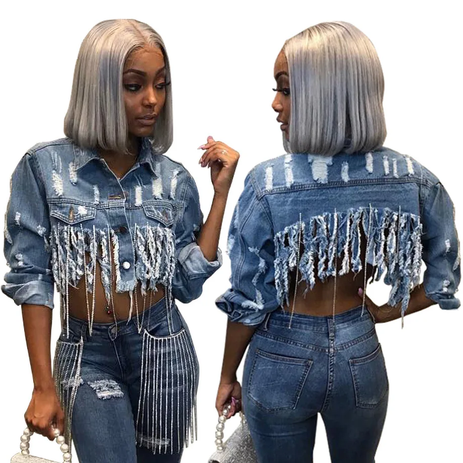 Wholesale ladies fall clothing long sleeve tassels button washed crop jeans jacket women sexy denim jean jacket