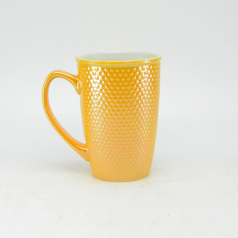 
China manufacturers colorful pottery porcelain custom mug pear glaze 3d ceramic embossed mug 