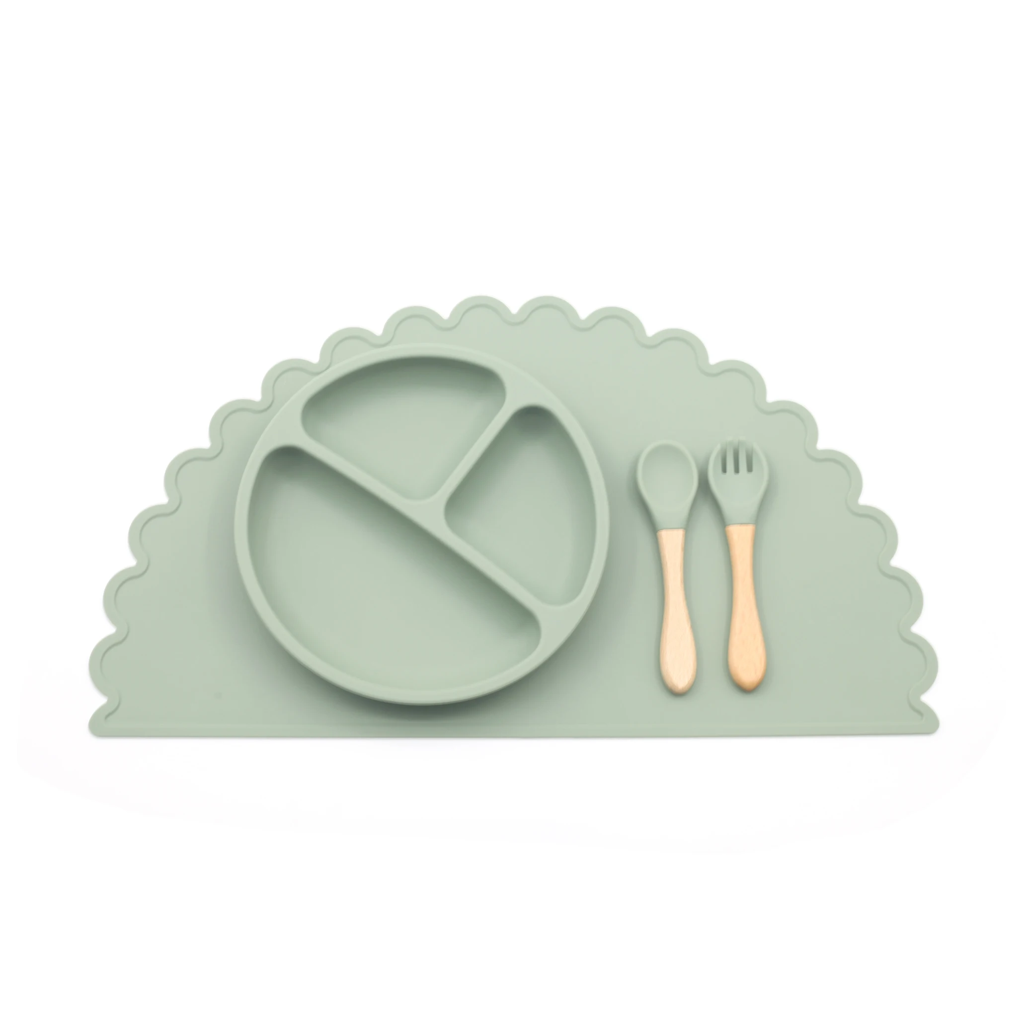 Hot Selling Baby Non-slip Silicone Heat Resistant Placemat Table Mat Divided Plate Spoon Fork Set
